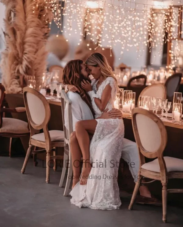 LORIE Bohemian Wedding Dresses Lace V-Neck Wedding Gown Boho Beach Bridal Dress Long Sleeve Open Back Customized  vestido novia - obrazek 2