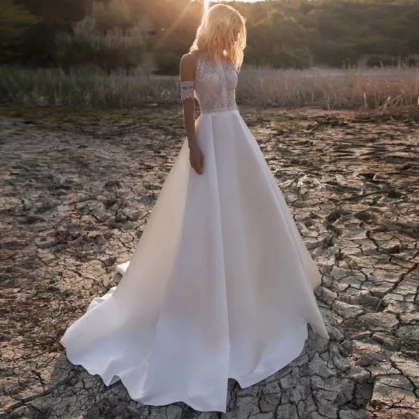 DREAM Customized Satin Bohemian Wedding Dress For Brides 2025 Off The Shoulder Lace Halter Bridal Gown With Detachable Sleeves - obrazek 2