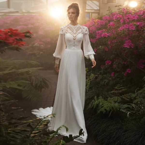 DREAM Customized Chiffon Long Puffy Sleeves Boho Wedding Dresses 2025 High Neck Lace Appliques Muslim Bridal Gown Vintage Dress - obrazek 6