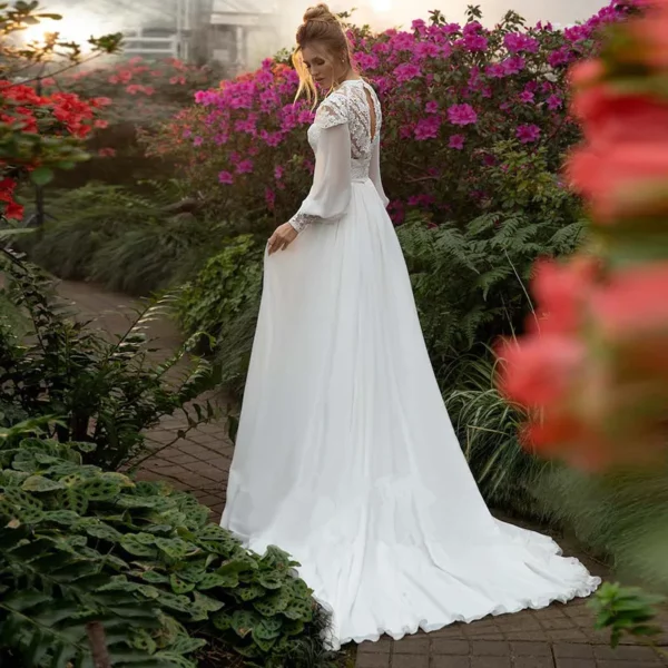 DREAM Customized Chiffon Long Puffy Sleeves Boho Wedding Dresses 2025 High Neck Lace Appliques Muslim Bridal Gown Vintage Dress - obrazek 2