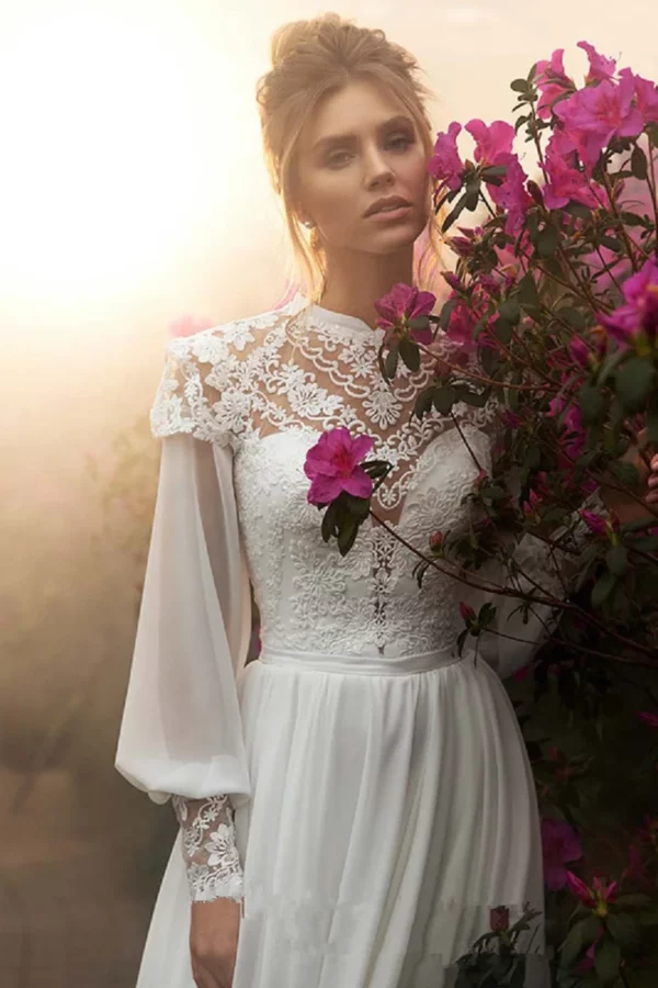 DREAM Customized Chiffon Long Puffy Sleeves Boho Wedding Dresses 2025 High Neck Lace Appliques Muslim Bridal Gown Vintage Dress - obrazek 4