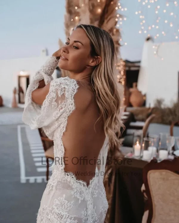 LORIE Bohemian Wedding Dresses Lace V-Neck Wedding Gown Boho Beach Bridal Dress Long Sleeve Open Back Customized  vestido novia - obrazek 4