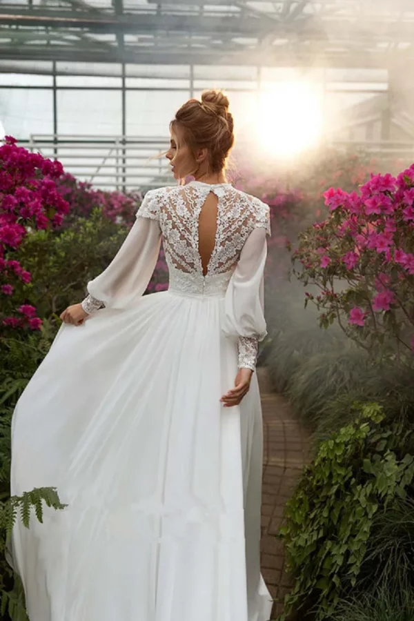 DREAM Customized Chiffon Long Puffy Sleeves Boho Wedding Dresses 2025 High Neck Lace Appliques Muslim Bridal Gown Vintage Dress - obrazek 3