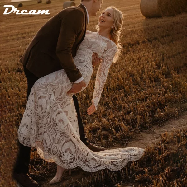 DREAM Customized Boho Long Sleeves Lace Mermaid Wedding Dress 2025 Open Back Vintage Rustic Beach Bride Gown Bohemian Dresses - obrazek 2