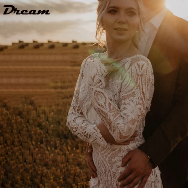 DREAM Customized Boho Long Sleeves Lace Mermaid Wedding Dress 2025 Open Back Vintage Rustic Beach Bride Gown Bohemian Dresses - obrazek 6