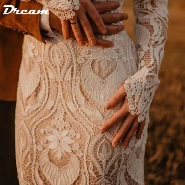 DREAM Customized Boho Long Sleeves Lace Mermaid Wedding Dress 2025 Open Back Vintage Rustic Beach Bride Gown Bohemian Dresses - obrazek 5