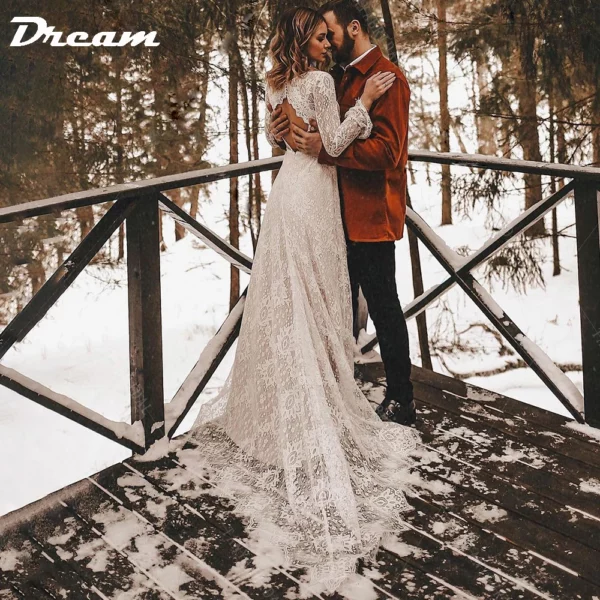 DREAM Customized Long Sleeves Floral Lace V Neck Boho Wedding Dress Deep V Neck Open Back Modest Rustic Civil Bridal Gown 2025 - obrazek 6