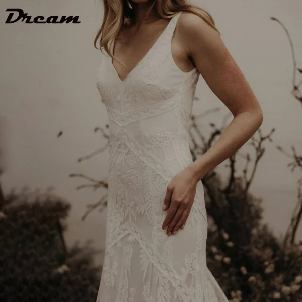 DREAM Customized Elegant Long V Neck Sleeveless Boho Mermaid Wedding Dress 2025 Lace Open Back Sweep Train Bridal Gown - obrazek 5