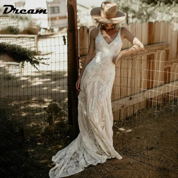 DREAM Customized Elegant Long V Neck Sleeveless Boho Mermaid Wedding Dress 2025 Lace Open Back Sweep Train Bridal Gown - obrazek 3