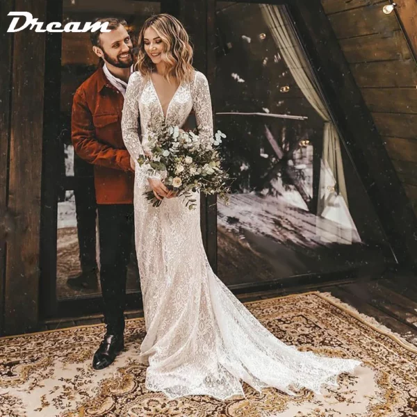 DREAM Customized Long Sleeves Floral Lace V Neck Boho Wedding Dress Deep V Neck Open Back Modest Rustic Civil Bridal Gown 2025 - obrazek 2