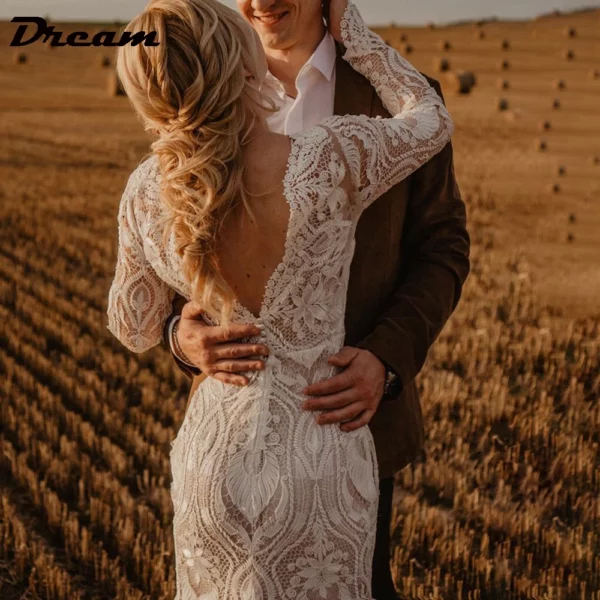DREAM Customized Boho Long Sleeves Lace Mermaid Wedding Dress 2025 Open Back Vintage Rustic Beach Bride Gown Bohemian Dresses - obrazek 3