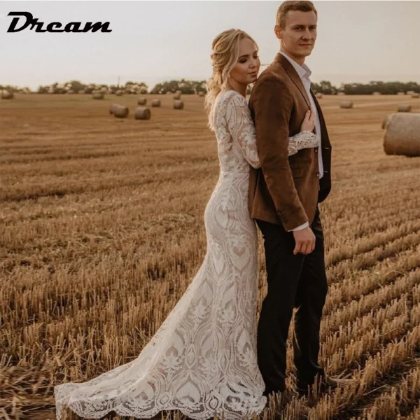 DREAM Customized Boho Long Sleeves Lace Mermaid Wedding Dress 2025 Open Back Vintage Rustic Beach Bride Gown Bohemian Dresses - obrazek 4