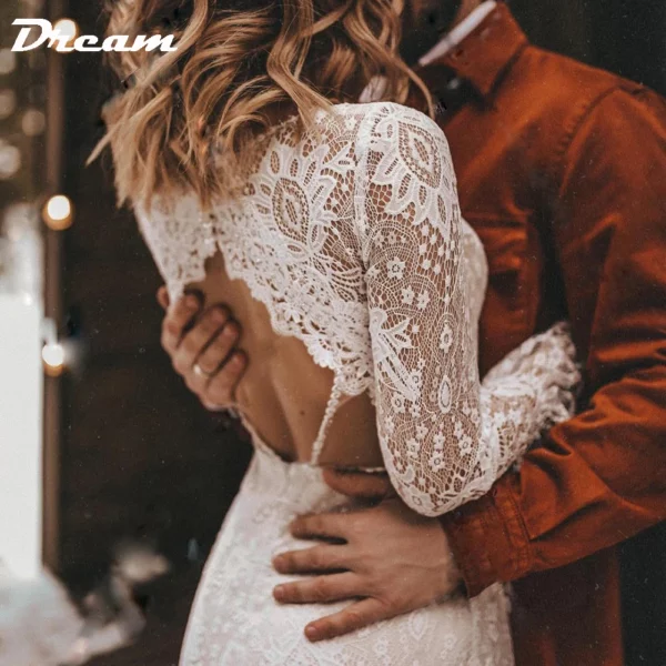 DREAM Customized Long Sleeves Floral Lace V Neck Boho Wedding Dress Deep V Neck Open Back Modest Rustic Civil Bridal Gown 2025 - obrazek 5