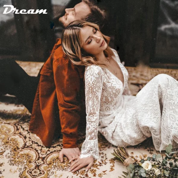 DREAM Customized Long Sleeves Floral Lace V Neck Boho Wedding Dress Deep V Neck Open Back Modest Rustic Civil Bridal Gown 2025 - obrazek 4