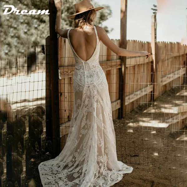 DREAM Customized Elegant Long V Neck Sleeveless Boho Mermaid Wedding Dress 2025 Lace Open Back Sweep Train Bridal Gown - obrazek 4