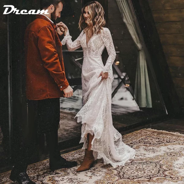 DREAM Customized Long Sleeves Floral Lace V Neck Boho Wedding Dress Deep V Neck Open Back Modest Rustic Civil Bridal Gown 2025 - obrazek 3