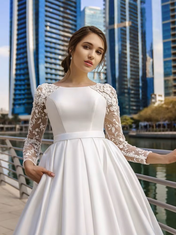 SoDigne Dubai Modest Wedding Dresses Lace Long Sleeve Satin Bride Dress With Belt Women Elegant Wedding Party Gowns Customized 3 SoDigne Dubai Modest Wedding Dresses Lace Long Sleeve Satin Bride Dress With Belt Women Elegant Wedding Party Gowns Customized - obrazek 3