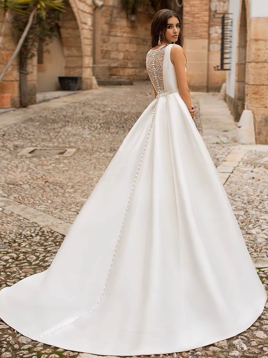 SoDigne Satin Princess Wedding Dresses Scoop Neck Pockets Bride Dresses Buttons Country Elegant Wedding Gowns Customized 2 SoDigne Satin Princess Wedding Dresses Scoop Neck Pockets Bride Dresses Buttons Country Elegant Wedding Gowns Customized - obrazek 2