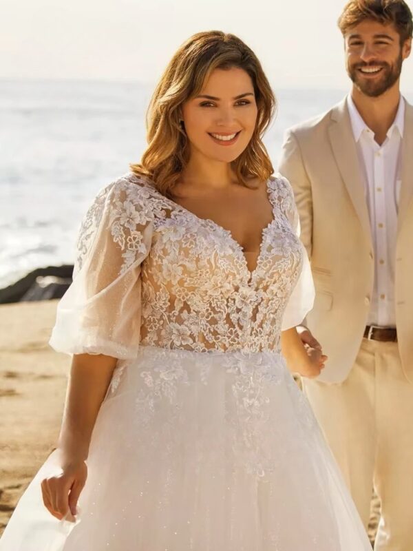 Beach Wedding Dresses Plus Size V Neck Puff Illusion Sleeves Bride Gowns Appliques Floor Length A-Line Tulle Vestido PSL980026 - obrazek 3
