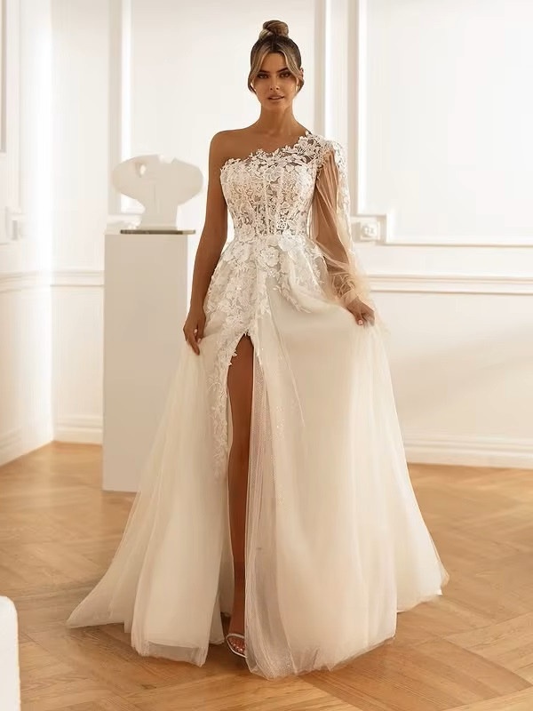 SoDigne A-line Tulle Appliques Wedding Dresses One Shloudler Split Bridal Dress Long Wedding Gown Robe De Mairee Customized 1 SoDigne A-line Tulle Appliques Wedding Dresses One Shloudler Split Bridal Dress Long Wedding Gown Robe De Mairee Customized 
