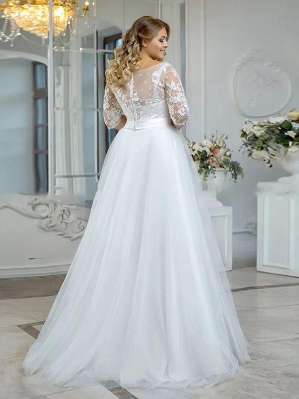 Vintage O-Neck Wedding Dresses Plus Size 3/4 Sleeves Bride Gowns Back Button Appliques A-Line Floor Length Tulle Robe De Mariée - obrazek 2
