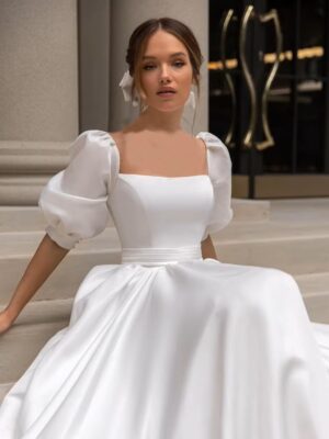 SoDigne 2023 Modern Boho Wedding Dresses Satin Short Sleeves Bow Square Collar Appliques Bride Dress Customized Wedding Gowns 5 S12fc0abe5b384795acead9574091c8f1e Cropped