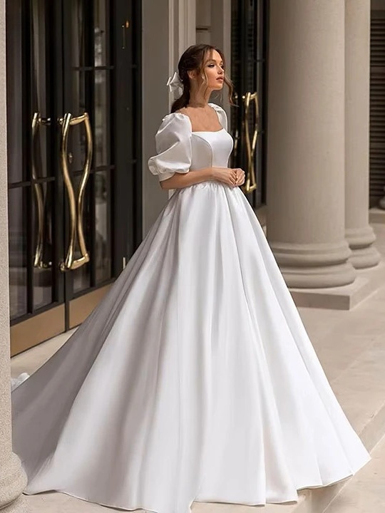 SoDigne 2023 Modern Boho Wedding Dresses Satin Short Sleeves Bow Square Collar Appliques Bride Dress Customized Wedding Gowns 1 SoDigne 2023 Modern Boho Wedding Dresses Satin Short Sleeves Bow Square Collar Appliques Bride Dress Customized Wedding Gowns