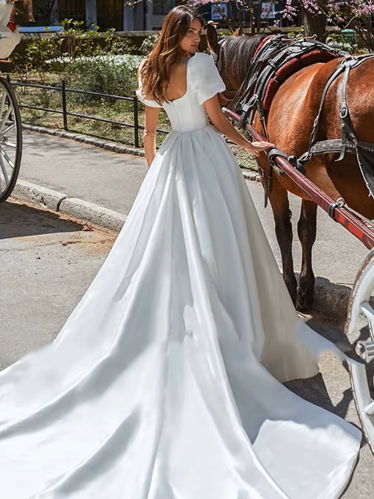 SoDigne Boho Satin A-Line Wedding Dress 2022 Elegant Short Puff Sleeves Square Neck Women Princess Bridal Gown Customized 2 SoDigne Boho Satin A-Line Wedding Dress 2022 Elegant Short Puff Sleeves Square Neck Women Princess Bridal Gown Customized - obrazek 2