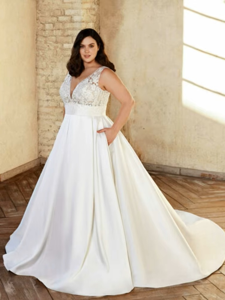 Classic Satin A-Line Wedding Dresses Plus Size V-Neck Sleeveless Bride Gowns Women 2023 Empire Sweep Train Vestido De Noiva 1 Classic Satin A-Line Wedding Dresses Plus Size V-Neck Sleeveless Bride Gowns Women 2023 Empire Sweep Train Vestido De Noiva