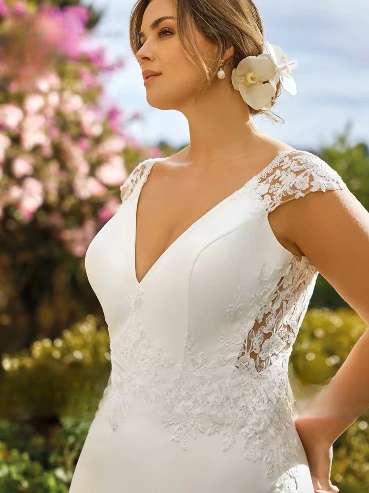 Pastrol A-Line Wedding Dresses Plus Size V Neck Cap Sleeves Bride Gowns Appliques Backless Floor Length Vestido De Noiva 2024 3 Pastrol A-Line Wedding Dresses Plus Size V Neck Cap Sleeves Bride Gowns Appliques Backless Floor Length Vestido De Noiva 2024 - obrazek 3