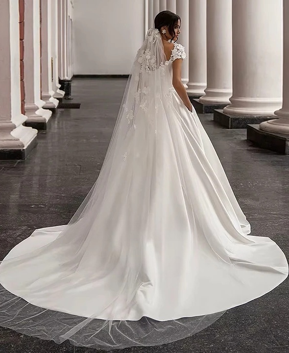 SoDigne Satin Wedding Dress For Women Elegant Cap Sleeves Scoop Neck Flowers Women A-Line Bridal Gown With Pockets Customized 2 SoDigne Satin Wedding Dress For Women Elegant Cap Sleeves Scoop Neck Flowers Women A-Line Bridal Gown With Pockets Customized - obrazek 2