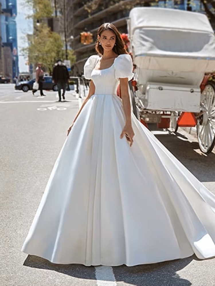 SoDigne Boho Satin A-Line Wedding Dress 2022 Elegant Short Puff Sleeves Square Neck Women Princess Bridal Gown Customized 1 SoDigne Boho Satin A-Line Wedding Dress 2022 Elegant Short Puff Sleeves Square Neck Women Princess Bridal Gown Customized