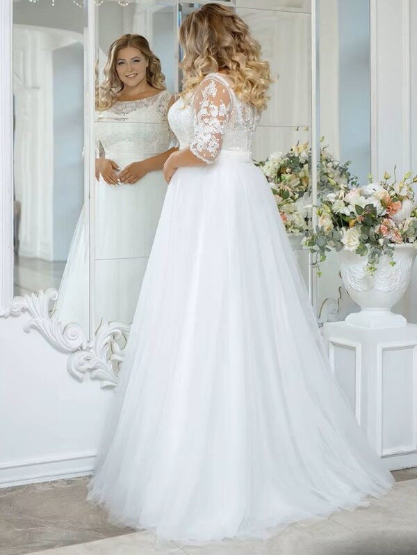 Vintage O-Neck Wedding Dresses Plus Size 3/4 Sleeves Bride Gowns Back Button Appliques A-Line Floor Length Tulle Robe De Mariée - obrazek 3