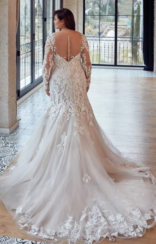 Mermaid Wedding Dresses Plus Size V Neck Long Sleeves Bride Gowns Lace Appliques Sweep Train Tulle Vestido De Noiva PSL98003 - obrazek 2