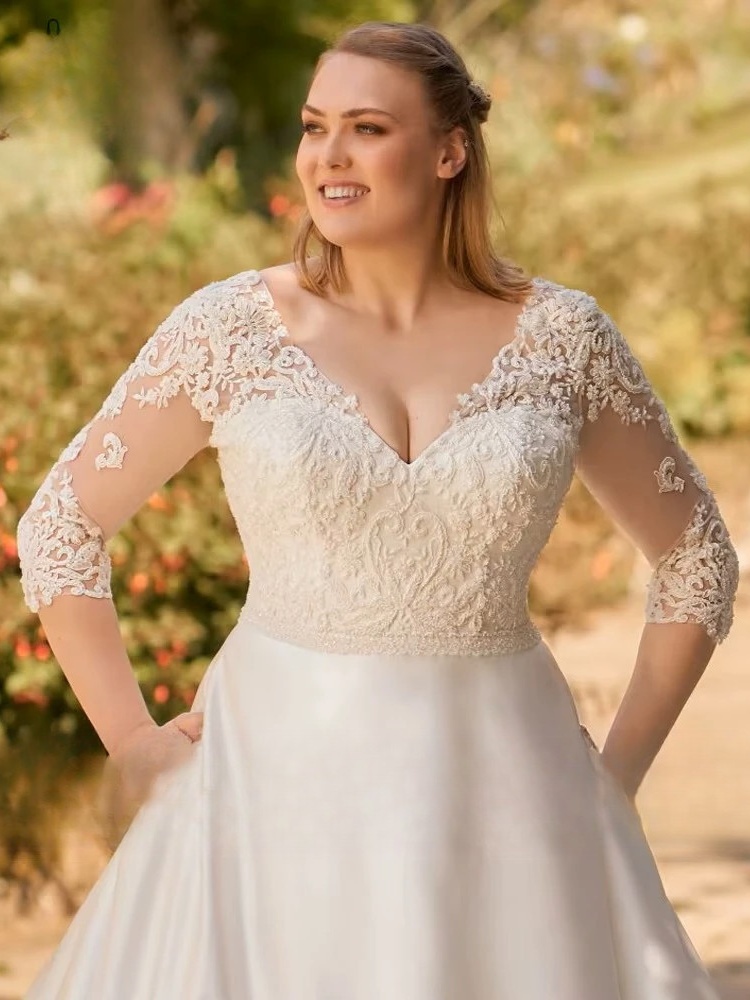 Classic Wedding Dresses 2023 Plus Size V-Neck 3/4 Sleeves Bride Gowns Back Lace-up Lace Applique A-Line Satin Robe De Mariage 2 Classic Wedding Dresses 2023 Plus Size V-Neck 3/4 Sleeves Bride Gowns Back Lace-up Lace Applique A-Line Satin Robe De Mariage - obrazek 2