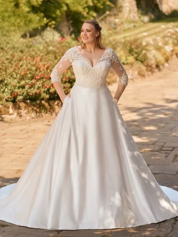 Classic Wedding Dresses 2023 Plus Size V-Neck 3/4 Sleeves Bride Gowns Back Lace-up Lace Applique A-Line Satin Robe De Mariage 1 Classic Wedding Dresses 2023 Plus Size V-Neck 3/4 Sleeves Bride Gowns Back Lace-up Lace Applique A-Line Satin Robe De Mariage