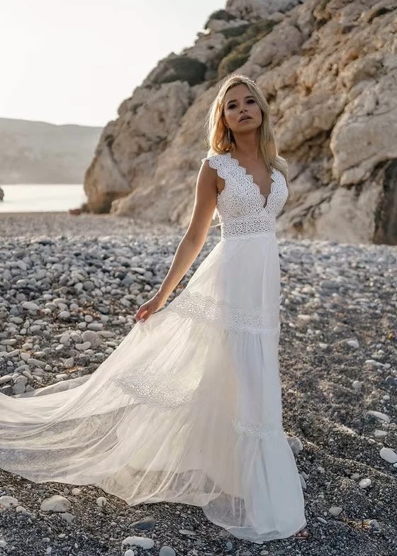SoDigne A-line Boho Wedding Dresses V-neck Sleeveless Lace/Tulle Bridal Dress Beach Long Wedding Gown Robe De Mairee Customized 2 SoDigne A-line Boho Wedding Dresses V-neck Sleeveless Lace/Tulle Bridal Dress Beach Long Wedding Gown Robe De Mairee Customized - obrazek 2