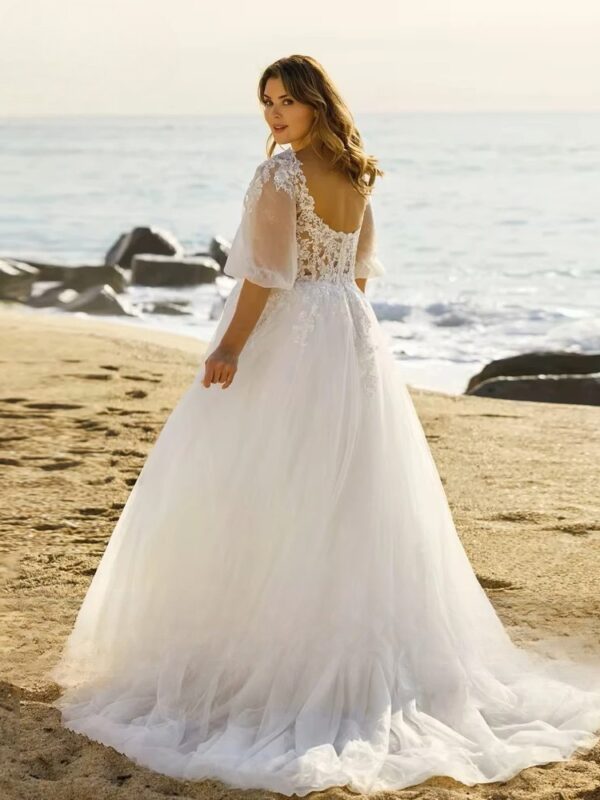 Beach Wedding Dresses Plus Size V Neck Puff Illusion Sleeves Bride Gowns Appliques Floor Length A-Line Tulle Vestido PSL980026 - obrazek 2