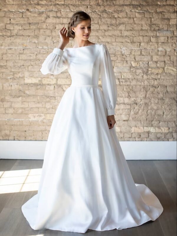 SoDigne Satin A-line Wedding Dresses Full Sleeves O-neck Bridal Dress Elegant Long Bridal Gown vestidos de novia Customized 1 SoDigne Satin A-line Wedding Dresses Full Sleeves O-neck Bridal Dress Elegant Long Bridal Gown vestidos de novia Customized
