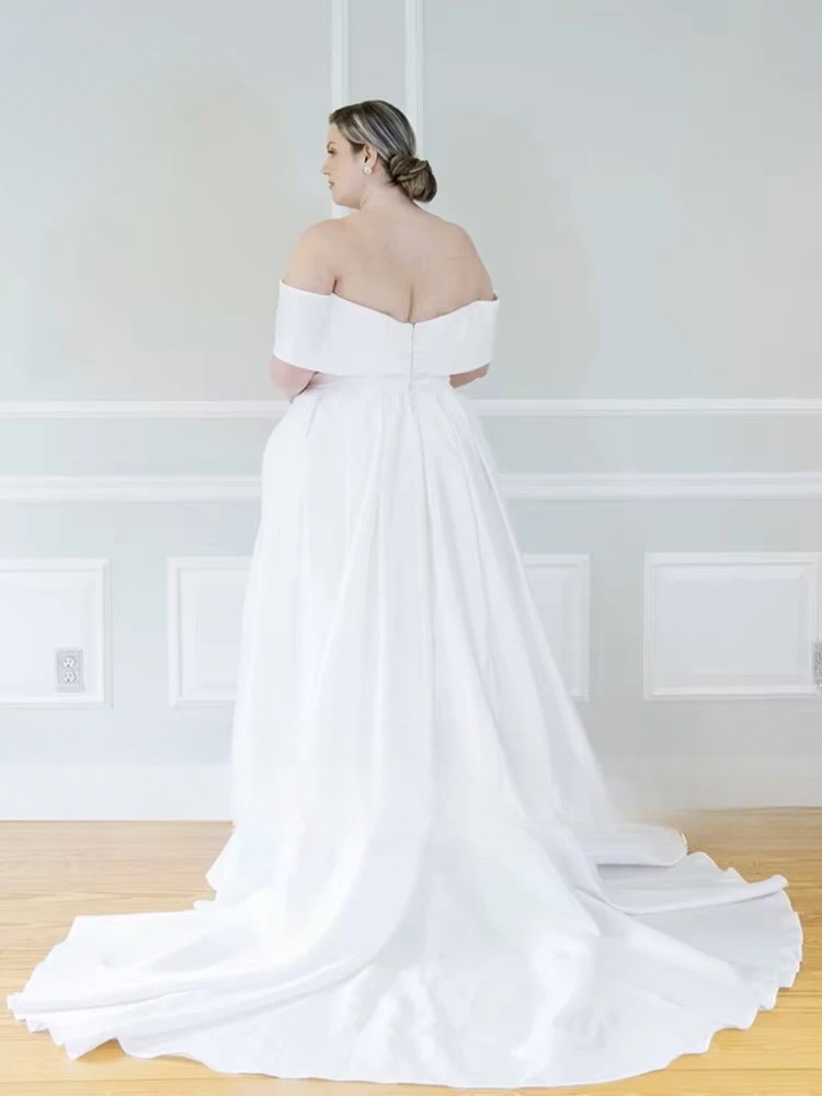 Customize Wedding Dresses Women Plus Size Off The Shoulder V-Neck Bride Gown Satin Side Split A-Line Sweep Train Robe De Mariée 2 Customize Wedding Dresses Women Plus Size Off The Shoulder V-Neck Bride Gown Satin Side Split A-Line Sweep Train Robe De Mariée - obrazek 2