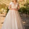 Customized Wedding Dresses Plus Size V Neck 3/4 Sleeves Bride Gowns Appliques Lace up Sweep Train Tulle A-Line Robe De PSL98009