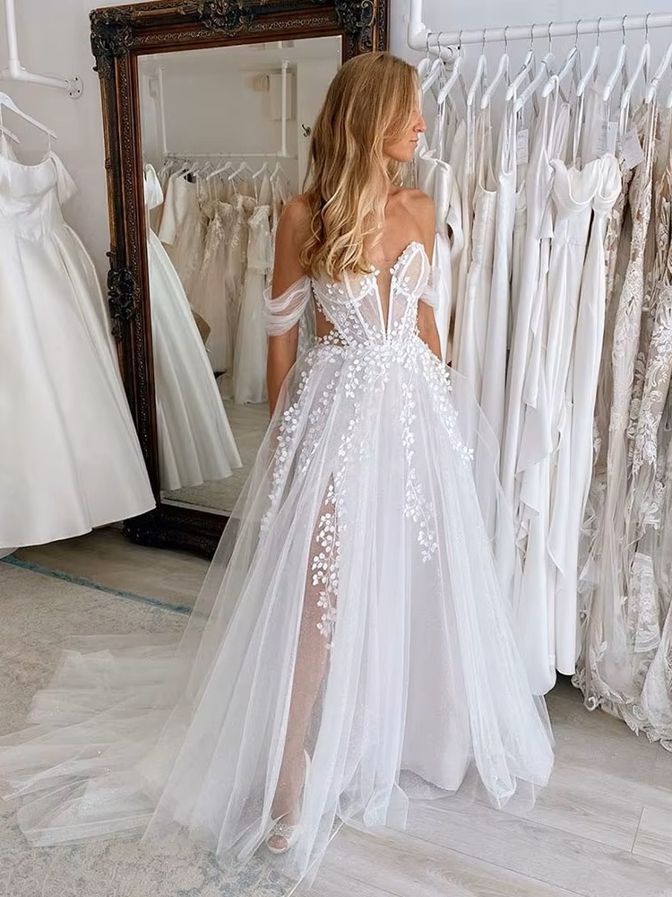SoDigne Vintage Glitter Tulle Wedding Dresses 2024 Sweetheart Side Split A-Line Bridal Gowns Princess Bride Dress Customized 1 SoDigne Vintage Glitter Tulle Wedding Dresses 2024 Sweetheart Side Split A-Line Bridal Gowns Princess Bride Dress Customized