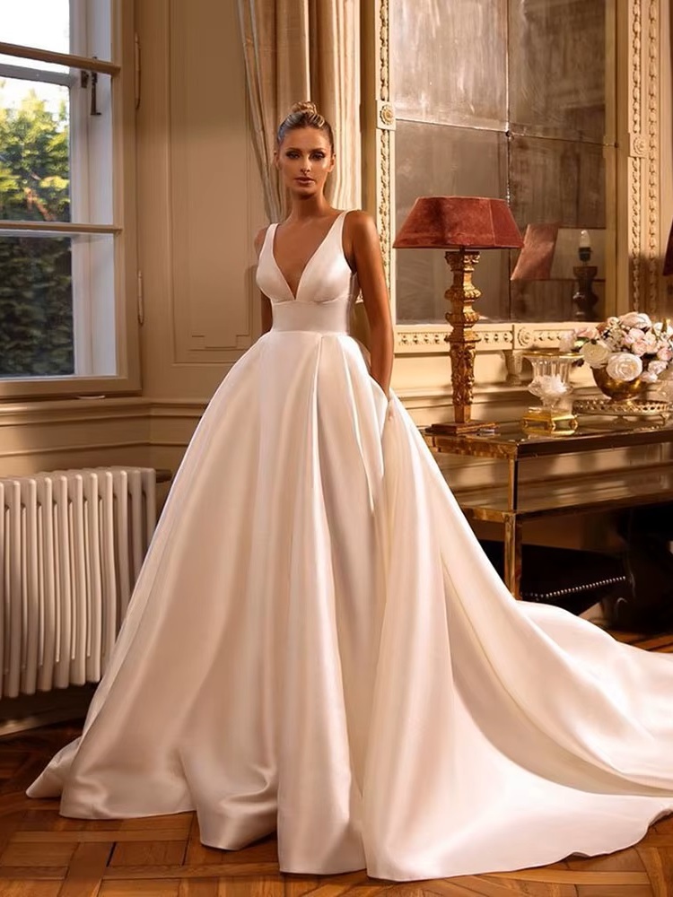 SoDigne A Line Simple Women Wedding Dresses V Neck With Pockets Bridal Dress Backless Sexy Satin Wedding Gowns Customized 1 SoDigne A Line Simple Women Wedding Dresses V Neck With Pockets Bridal Dress Backless Sexy Satin Wedding Gowns Customized