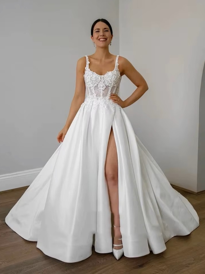 SoDigne A Line Satin Wedding Dresses For Women Lace Appliques Side Split Bridal Dress Wedding Party Bridal Gowns Customized 1 SoDigne A Line Satin Wedding Dresses For Women Lace Appliques Side Split Bridal Dress Wedding Party Bridal Gowns Customized
