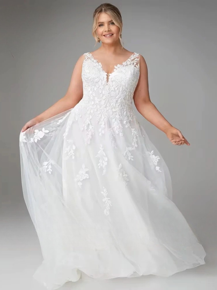 Pastrol Wedding Dresses Plus Size V Neck Sleeveless Tulle Bride Gowns for Woman Appliques Sweep Trian A-Line Robe De Mariee 2025 1 Pastrol Wedding Dresses Plus Size V Neck Sleeveless Tulle Bride Gowns for Woman Appliques Sweep Trian A-Line Robe De Mariee 2025