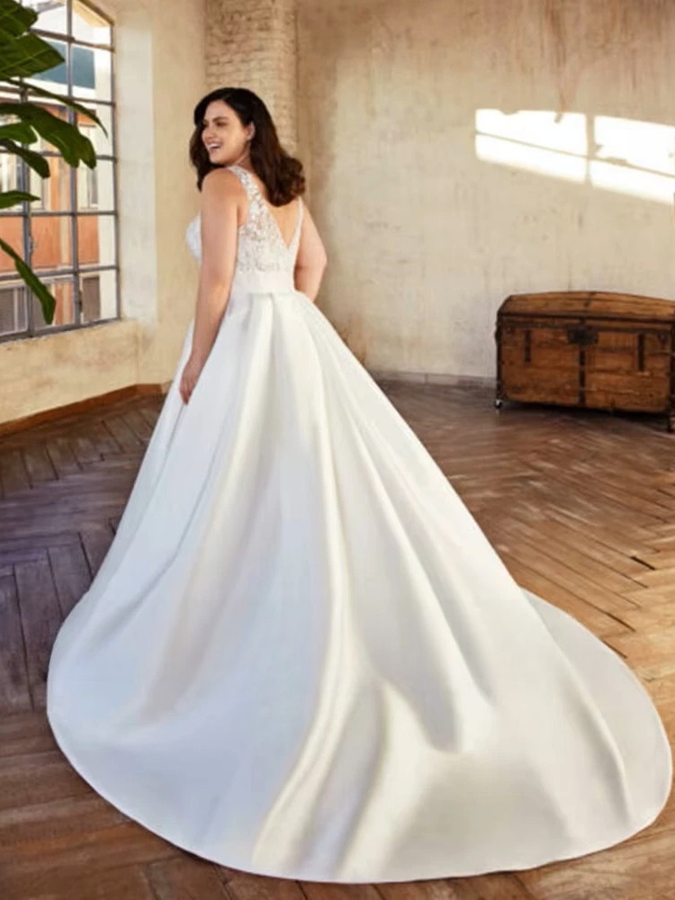 Classic Satin A-Line Wedding Dresses Plus Size V-Neck Sleeveless Bride Gowns Women 2023 Empire Sweep Train Vestido De Noiva 2 Classic Satin A-Line Wedding Dresses Plus Size V-Neck Sleeveless Bride Gowns Women 2023 Empire Sweep Train Vestido De Noiva - obrazek 2