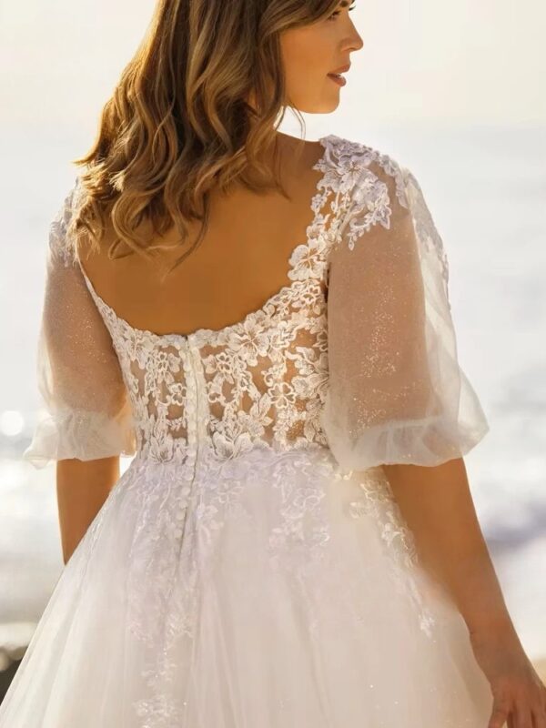 Beach Wedding Dresses Plus Size V Neck Puff Illusion Sleeves Bride Gowns Appliques Floor Length A-Line Tulle Vestido PSL980026 - obrazek 4