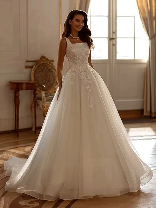 SoDigne A-line Tulle Wedding Dresses Square Collar Sleeveless Appliques Bridal Dress Bride Gown Robe De Mairee Customized 1 SoDigne A-line Tulle Wedding Dresses Square Collar Sleeveless Appliques Bridal Dress Bride Gown Robe De Mairee Customized 