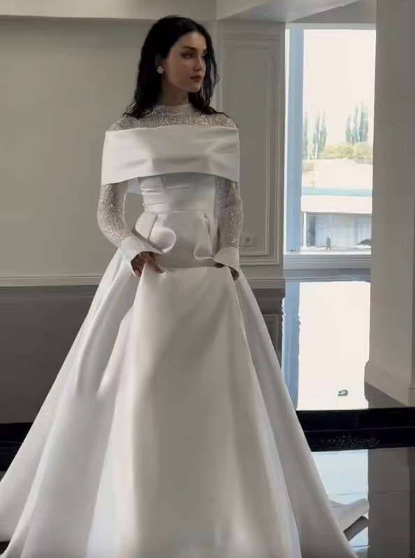 SoDigne A-line Satin Wedding Dresses High Neck Full Sleeves Bridal Dress Beading Long Wedding Gown Robe De Mairee Customized 2 SoDigne A-line Satin Wedding Dresses High Neck Full Sleeves Bridal Dress Beading Long Wedding Gown Robe De Mairee Customized - obrazek 2