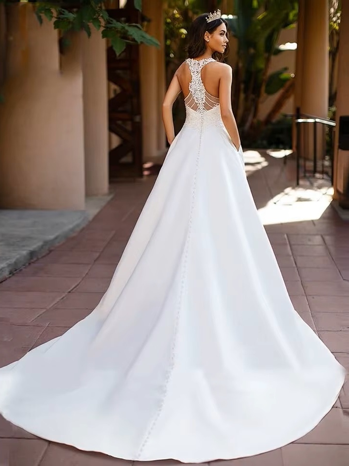 SoDigne Boho Satin A-line Wedding Dresses 2023 Sexy V Nack Lace Blackless Bride Dress Customized Sleeveless Bridal Gowns 2 SoDigne Boho Satin A-line Wedding Dresses 2023 Sexy V Nack Lace Blackless Bride Dress Customized Sleeveless Bridal Gowns - obrazek 2
